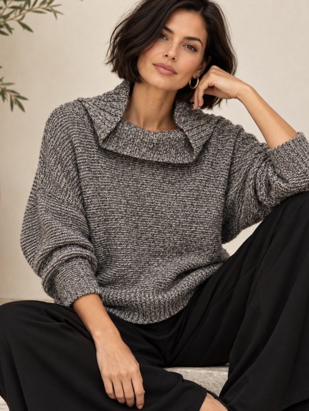 Eileen Fisher Gray Marled Cotton Cowl Funnel Neck Sweater Boxy Oversized Size L